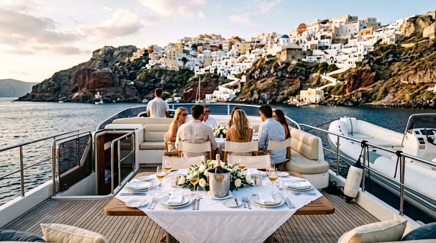 The aft deck of a motor yacht at anchor off a Mediterranean coast
