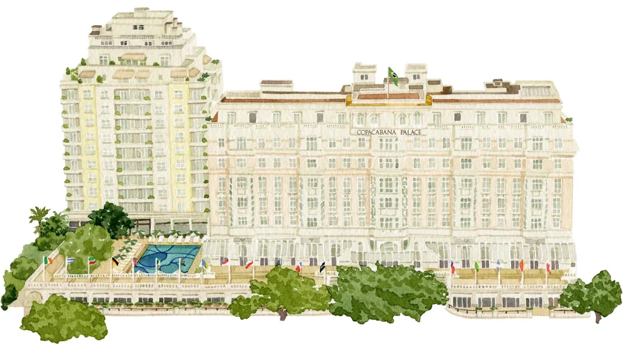 Watercolour of the Copacabana Palace, a Belmond hotel, with its pool and the Pool Wing